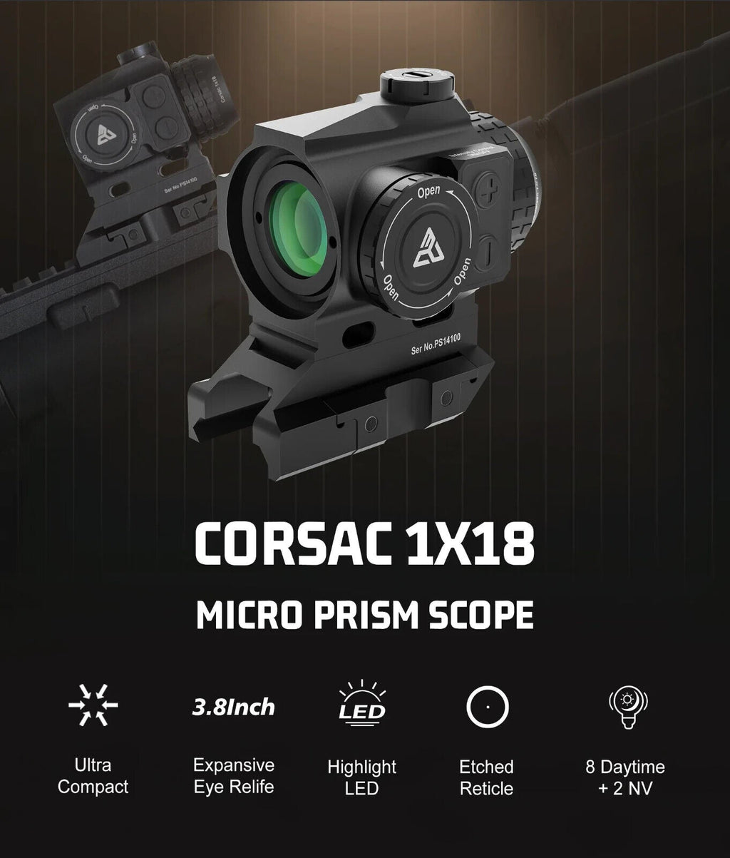Red Win Corsac 1x18 Micro Prism Scope Etched Reticle 8 Day+2 NV IPX67 Hunting Optic RMP1