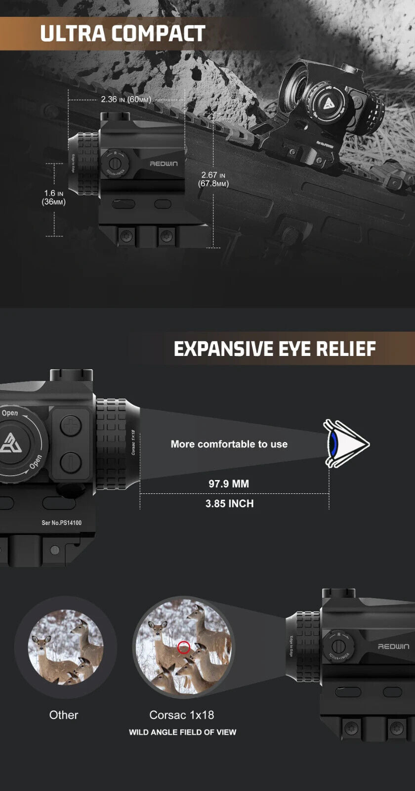 Red Win Corsac 1x18 Micro Prism Scope Etched Reticle 8 Day+2 NV IPX67 Hunting Optic RMP1