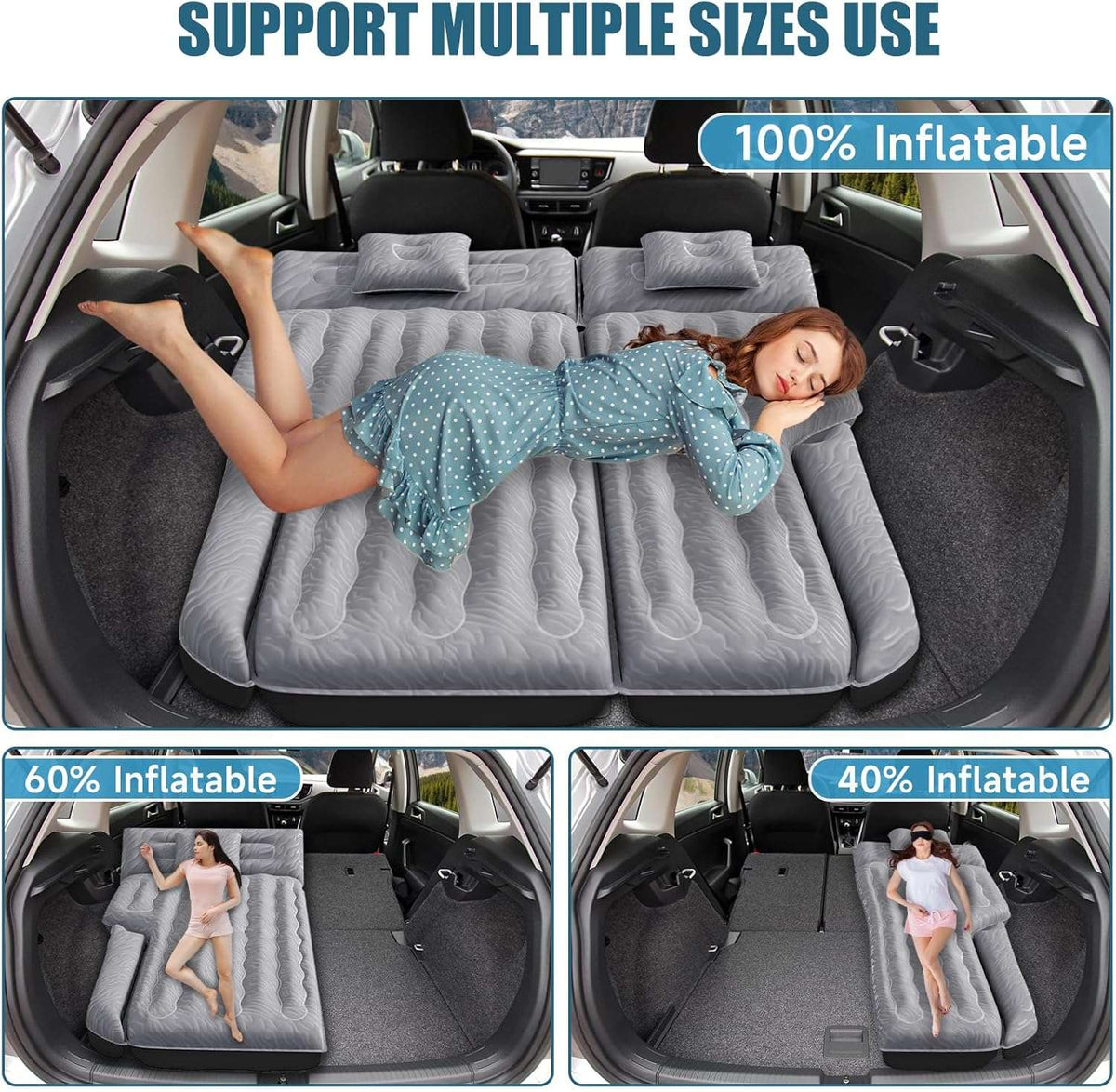 DikaSun 63in Extended SUV Mattress — Quick Inflate, Includes Pump & 2 Pillows,Grey